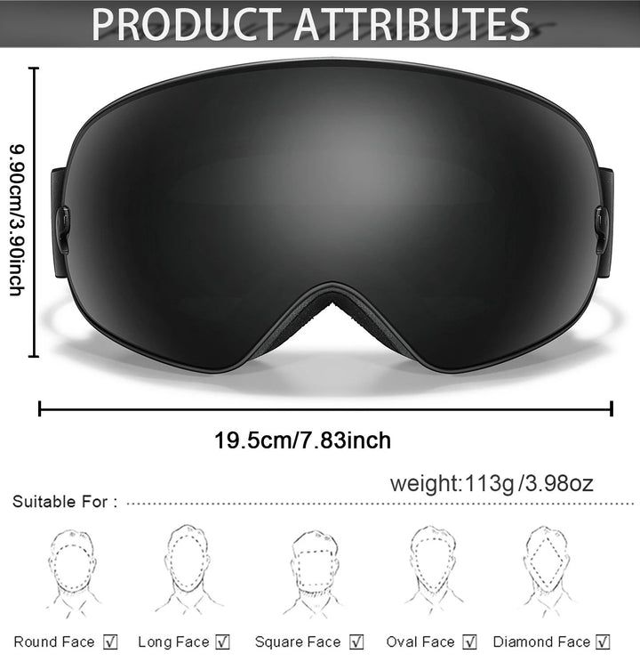 Premium Ski Goggles – Large Comma Spherical Design, Double-Layer Anti-Fog Lens, Winter Cycling & Sled Sports Glasses, Wide Field of View, Suitable for Myopia